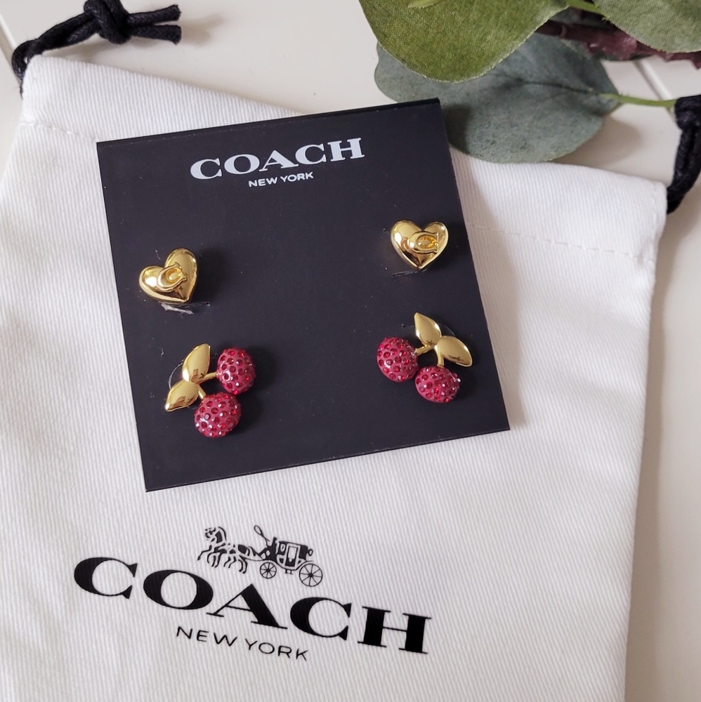 Coach Pavé Cherry And Heart Stud Earrings Set